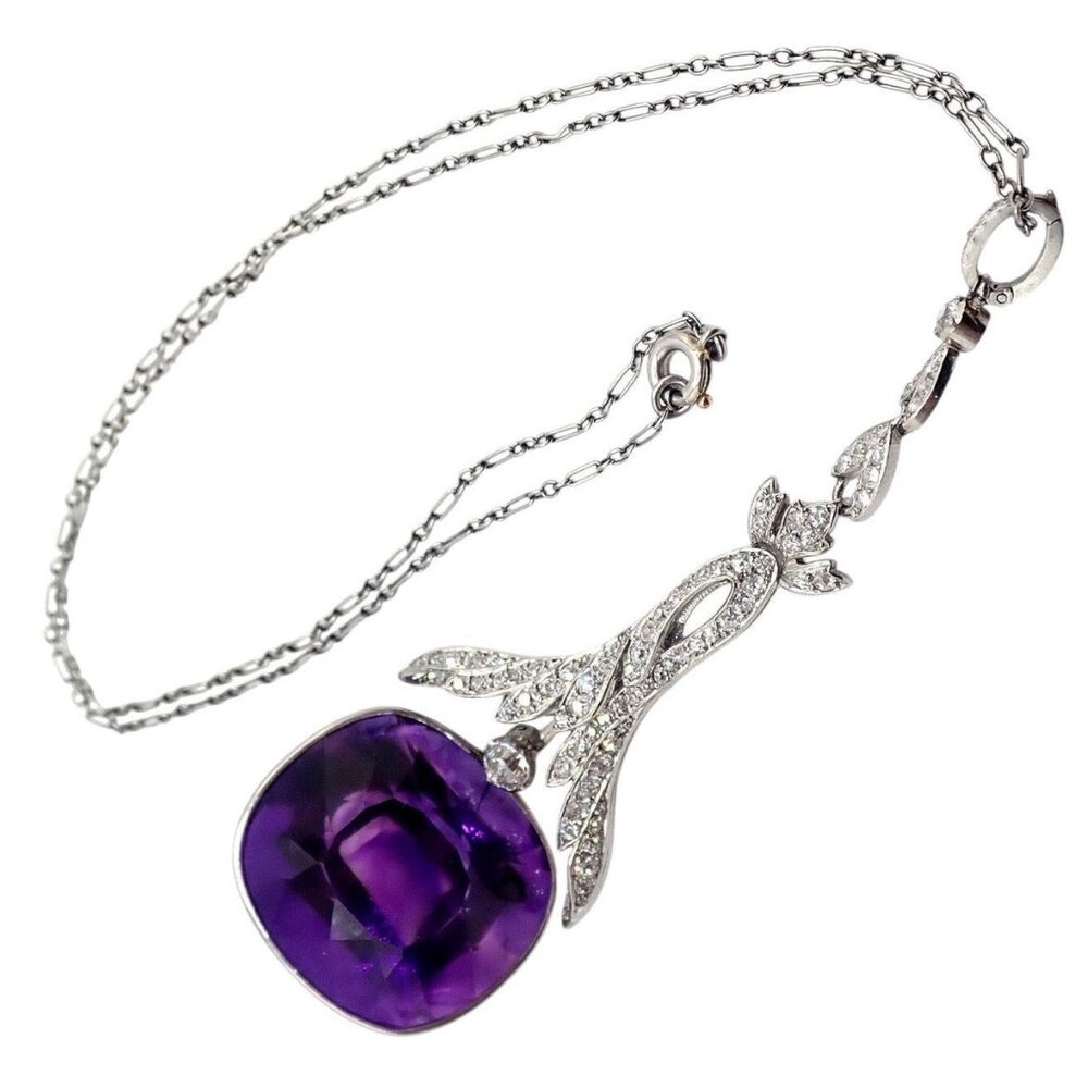 Vintage Estate Platinum Diamond Large Amethyst Art Deco Necklace